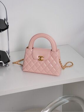 CHANEL Pink Quilted Mini Top-Handle Bag with Gold Chain